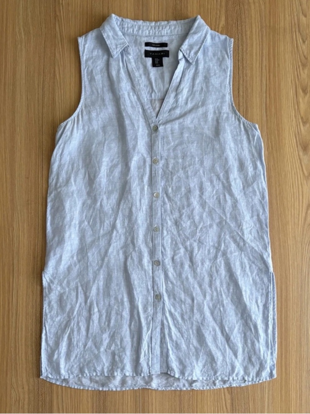 Tahari Linen Mini Shirt Dress Long Tunic Sleeveless Womens M Icy Blue Lagenlook